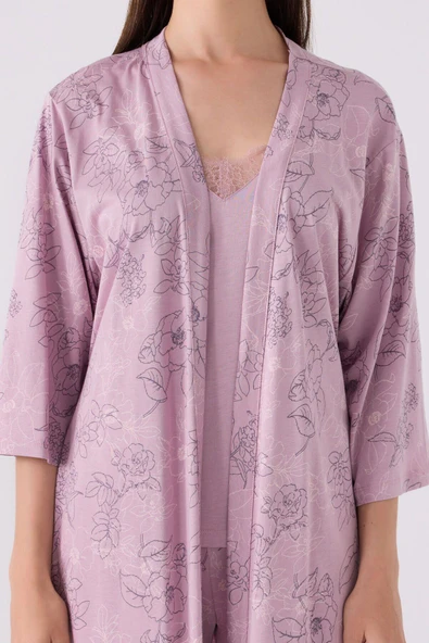 Pierre Cardin Kadın Sabahlıklı Uzun Kol İp Askılı Dantelli 3'lü Pijama Takım - 7