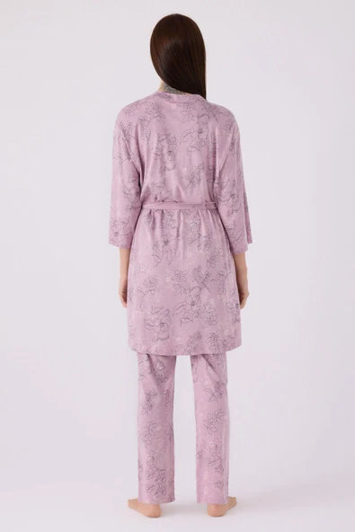 Pierre Cardin Kadın Sabahlıklı Uzun Kol İp Askılı Dantelli 3'lü Pijama Takım - 9