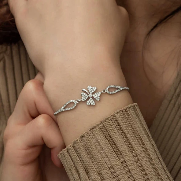 MDB 925 Ayar Gümüş Yonca Bileklik - Resim 4