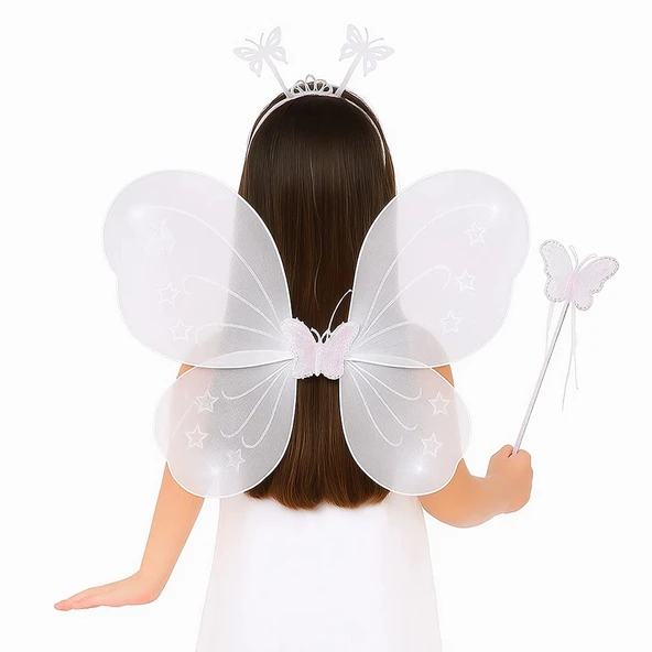 Beyaz Kelebek Kız Seti – 50 cm Kelebek Kanadı, Taç ve Asa ürün görseli 1