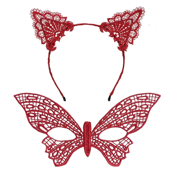 Gösterişli Kırmızı Dantel Maske ve Taç Seti 7 No - Resim 2