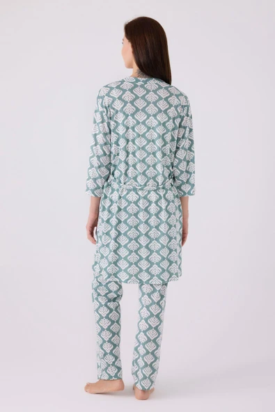 Pierre Cardin Kadın Sabahlıklı Uzun Kol İp Askılı V Yaka 3'lü Pijama Takım - 9