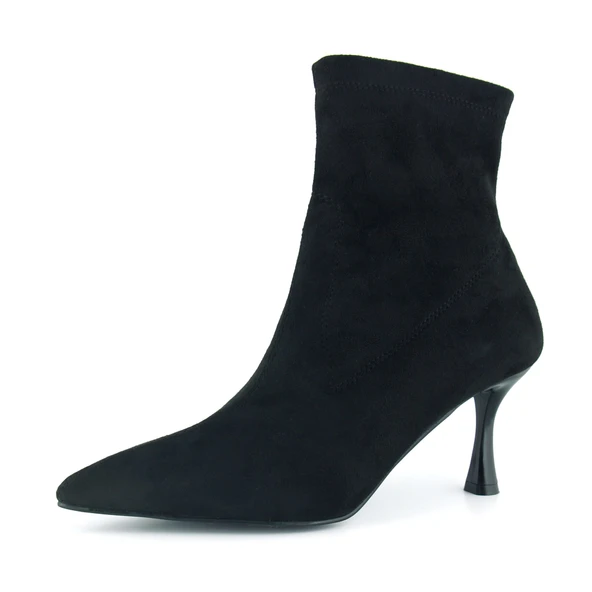 Erkan Saçmacı Kimberly Siyah Süet Streç Sivri Burun Fermuarlı İnce Topuklu Günlük Bot