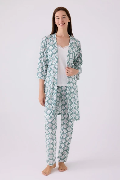 Pierre Cardin Kadın Sabahlıklı Uzun Kol İp Askılı V Yaka 3'lü Pijama Takım