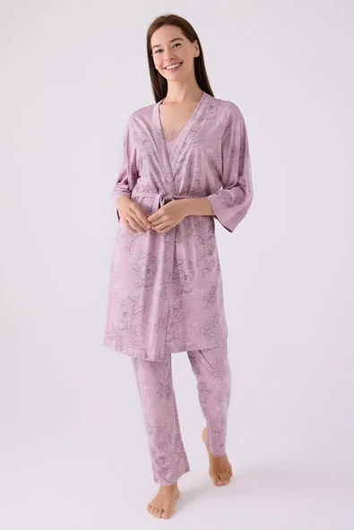 Pierre Cardin Kadın Sabahlıklı Uzun Kol İp Askılı Dantelli 3'lü Pijama Takım - 4