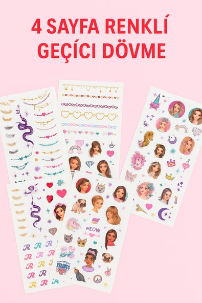 TOP Model Çocuk Geçici Dövme Seti – 4 Sayfa Renkli Su ile Transfer Tattoo Sticker Kit - 7