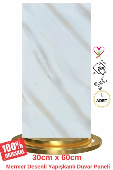 Shiny Beyaz-Toprak Mermer Desenli 60x30cm Yapışkanlı Mutfak Banyo Kaplama Duvar Paneli Kağıdı TX-106 ürün görseli