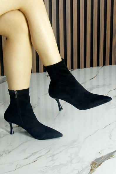Erkan Saçmacı Kimberly Siyah Süet Streç Sivri Burun Fermuarlı İnce Topuklu Günlük Bot - 2