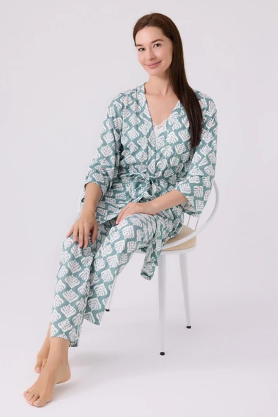 Pierre Cardin Kadın Sabahlıklı Uzun Kol İp Askılı V Yaka 3'lü Pijama Takım - 3