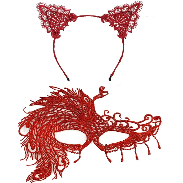 Alevin Zarafeti Kırmızı Dantel Maske ve Taç Seti 4 No – Kadın Kostüm Tamamlayıcı - Resim 2