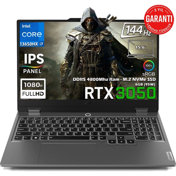 LOQ 15IRX9 Intel Core i7 13650HX 24GB 1TB SSDRTX 3050 6GB (95W) 15.6'' 144Hz FHD IPS Panel Freedos Taşınabilir Bilgisayar 83DV011CTRN1 ürün görseli