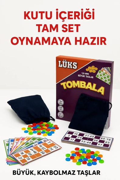 Lüks Tombala Seti 1.6 mm Kalın Büyük Taşlı • Aile Boyu Eğlencelik Tam Set Oyun • 7+ Yaş Kaliteli Kartlar - Resim 5