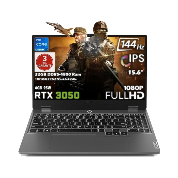 LOQ 15IRX9 Intel Core i7 13650HX 32GB 1TB SSD RTX 3050 6GB (95W) 15.6" FHD 144Hz IPS Panel Freedos Taşınabilir Bilgisayar 83DV011BTR ürün görseli