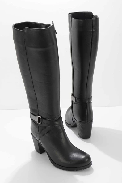 Ayakdaş Diz Altı Tokalı Topuklu Hakiki Deri  Kadın Çizme - Resim 2