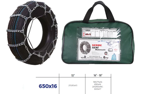 KNK3 650X16 PATİNAJ ZİNCİRİ MİNİBÜS VE KAMYONET SERME 650x16 ZİNCİR EBATLARI İÇİN RESİME BAKINIZ ürün görseli 1