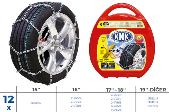KNK1 X12 PATİNAJ ZİNCİRİ TAKMATİK ÇAPRAZ 15-16-17-18-19 JANT ZİNCİR EBATLARI İÇİN RESİME BAKINIZ ürün görseli 1