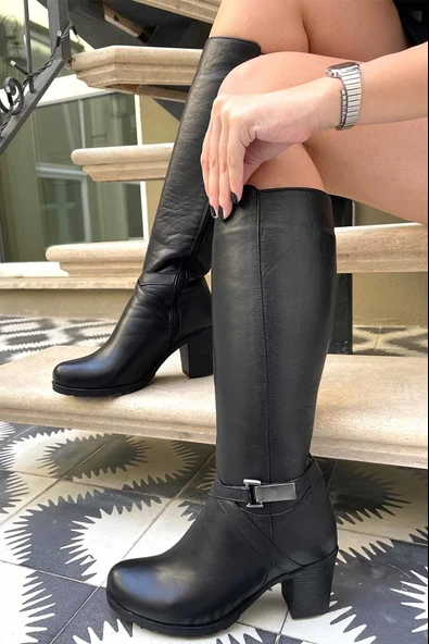 Ayakdaş Diz Altı Tokalı Topuklu Hakiki Deri  Kadın Çizme ürün görseli