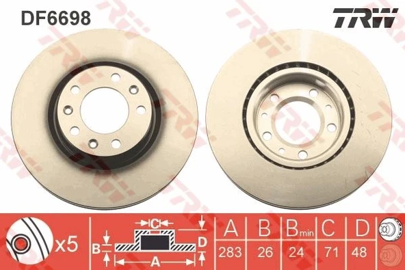 TRW DF6698 ÖN FREN AYNASI ASTRA L 21> COMBO E 18> BERLINGO 18> C4 13> PARTNER 18> 308 II-III 13> RIFTER 18> 283x48x5DL HAVALI 9803918180-1647867480-1647867480 ürün görseli 1
