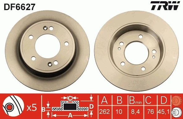 TRW DF6627 ARKA FREN DİSKİ DOLU TİP HYUNDAI İ30 1.6L G4FD GDİ GAMMA 11-15 / 1.4L 1.6L CRDİ DİZEL 12-16 / ELAN TRA 12-> / KIA CEED 1.6L GDI BENZİNLİ 12-> 1.4L 1.6L CRDİ DİZEL 12-> 262 çap x 5 bijon - T ürün görseli 1