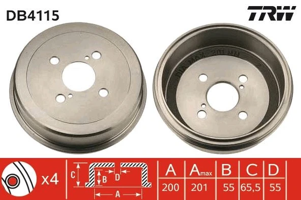 TRW DB4115 ARKA FREN KAMPANASI COROLLA/SW 92-97 EE101-111/AE101-111/AE102/CE110 200x201x55x66 4-2D 4243120250-4243112130-4243112180 ürün görseli 1