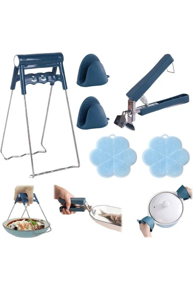 6 lı Mutfak Maşa Seti Yanma Önleyici Çelik Sıcak Tencere Tabak Tutucu Silikon Fırın Eldiveni Süngeri ürün görseli 1