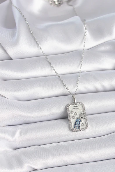 316L Çelik Gümüş Renk Zincir Kova Burcu Zirkon Taşlı Kadın Kolye - TJ-BKO9447 - Resim 2