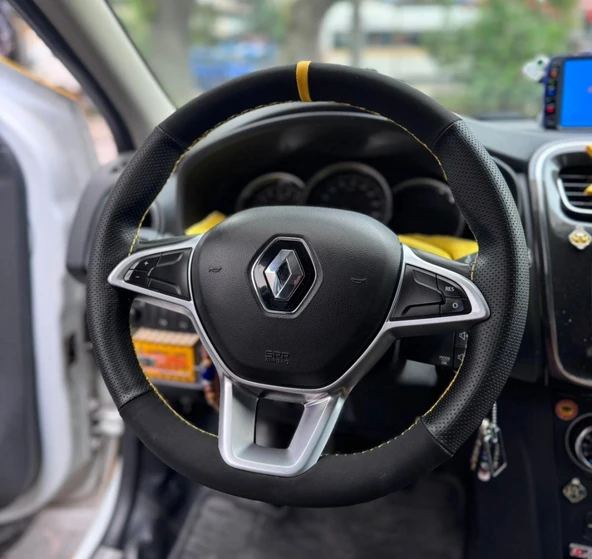 DİKİŞLİ DİREKSİYON KILIFI NUBUK DERİ NOKTALI DERİ SARI YÜZÜK RENO TALİANT CLİO İÇİN ürün görseli