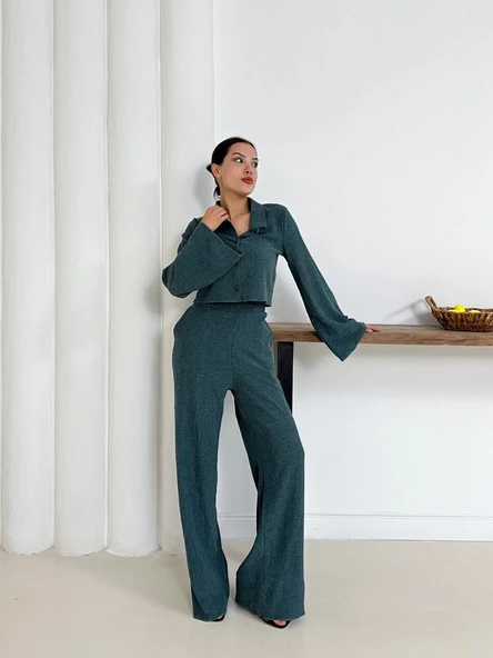 Gömlek yaka kaplama düğmeli takım petrol yeşili st265866 - 2