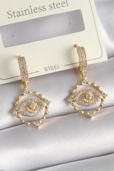 Pirinç Gold Renk Zirkon Taşlı Göz Model Kadın Küpe - TJ-BKP9733 ürün görseli