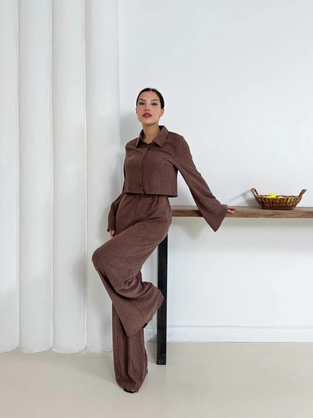 Gömlek yaka kaplama düğmeli takım kahve st265866 - 4