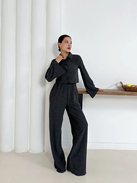 Gömlek yaka kaplama düğmeli takım antrasit st265866 - 6