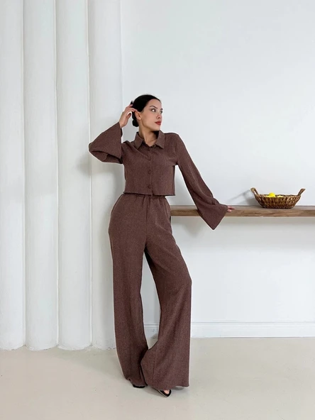 Gömlek yaka kaplama düğmeli takım kahve st265866 - 2