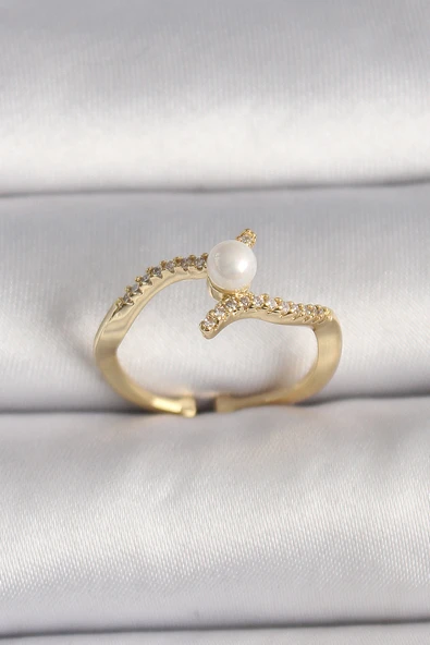 Pirinç Gold Renk Zirkon Taşlı İncili Ayarlanabilir Yüzük - TJ-BYK3547 ürün görseli