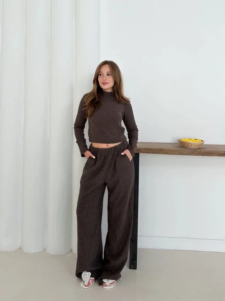 Balıkçı yaka örme takım kahve st265865 - Resim 5