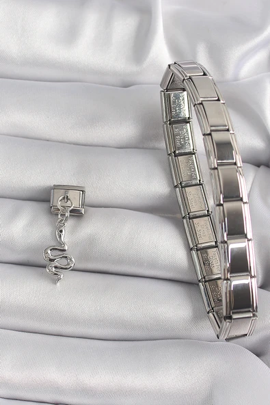 316L Çelik Gümüş Renk Sallantı Yılan Model Nomination Charm - TJ-BC1174 - Resim 2