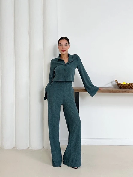 Gömlek yaka kaplama düğmeli takım petrol yeşili st265866 - 6