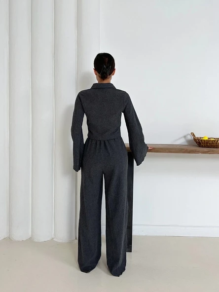 Gömlek yaka kaplama düğmeli takım antrasit st265866 - 3