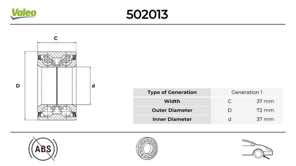VALEO 502013 ON TEKER RULMANI R21 R19 MEGANE CLIO KANGOO DOBLO ALBEA LOGAN 37x72x37 ABS SIZ 7701205779-51754191-7703090353 ürün görseli