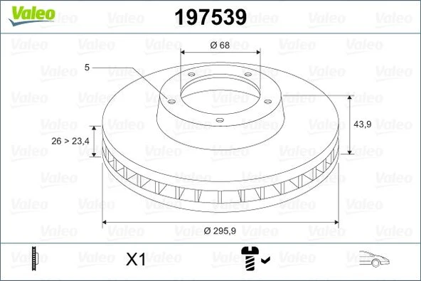 VALEO 197539 ÖN FREN AYNASI RENAULT LAGUNA III 07>15 MEGANE III 09>15 SCENIC III 09>16 LATITUDE 11> FLUENCE 12> 296x26 HAVALI 5 DELİK 402060002R-402066813R-402066949R ürün görseli 1