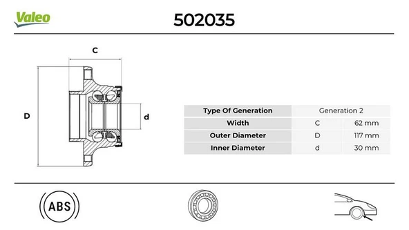 VALEO 502035 ARKA TEKERLEK PORYASI FIAT EGEA 16> ABS Lİ 62x30x117 5 BİJON 51754196-52178843-60656090 ürün görseli