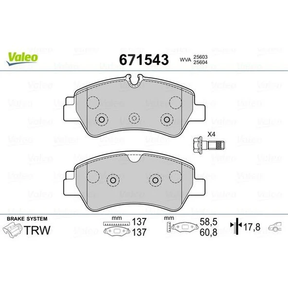 VALEO 671543 ARKA BALATA FORD TOURNEO CUSTOM-TRANSIT CUSTOM 2.2 TDCI 12 > KABLOSUZ MEBK2J2M008AA-BK212M008AC-BK212M008 ürün görseli 1