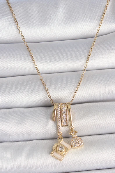 316L Çelik Gold Renk Zirkon Taşlı Sallantı Fotoğraf Makinası Figür Charm Kadın Kolye - TJ-BKO10097