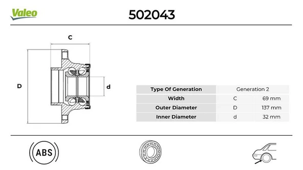 VALEO 502505 ARKA TEKERLEK PORYASI AUDI A3 1.6 2003.06>2007.09 1T0598611-1T0598611A-1T0598611B ürün görseli