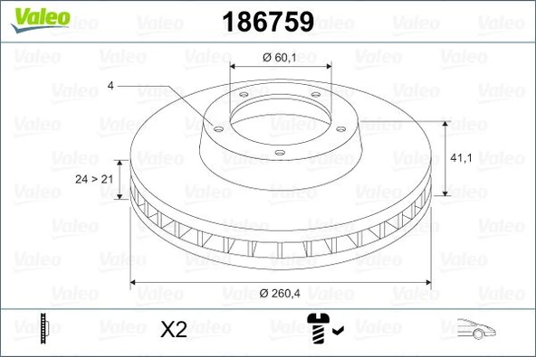 VALEO 186759 ÖN FREN AYNASI CORSA C - COMBO C 01>11 MERIVA A 03>10 TIGRA 04>09 260x24x4DL HAVALI 95526646-569000-9127967-9196050 ürün görseli 1