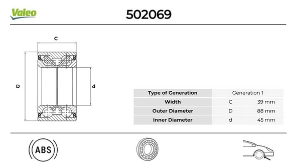 VALEO 502069 ÖN TEKER RULMANI TRAFIC II-MEGANE II-VIVARO-ESPACE IV-PRIMASTAR ABS Lİ 45x88x39 701207358-4412598-7701207966 ürün görseli