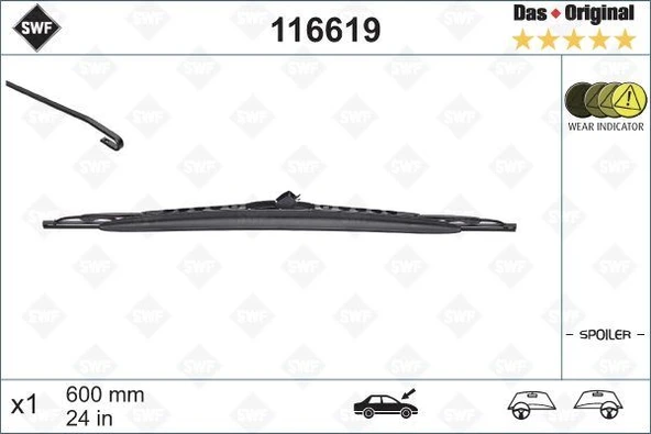 VALEO 116619 SİLECEK SWF 60cm x1 SPOİLERLİ VECTRA C -BMW X5 406 VOLVO S60 S80 MEGAN II VANEO 61618403033-76620S5SG01-76620S6DG01 ürün görseli 1