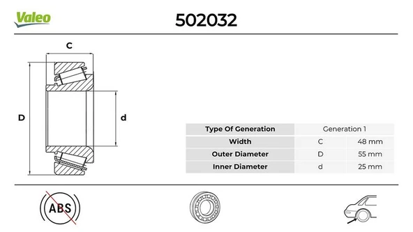 VALEO 502032 ARKA TEKER RULMANI RENAULT MEGANE II 02> SCENIC II 02> GRAND SCENIC II 02> 48x25x55 7701208059 ürün görseli