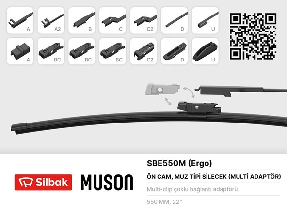 SILBAK SBE550M SİLECEK SÜPÜRGESİ MUZ TİPİ 550mm A. BC.C2.D VE U TİPİ KOLLAR ICIN MULTİ ADAPTORLÜ ürün görseli 1