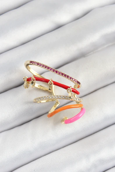Pirinç Zirkon Taşlı Kırmızı Turuncu Pembe Sıkıştırma Sağ Kıkırdak Gold Renk Kadın Küpe - TJ-BKP10755 ürün görseli
