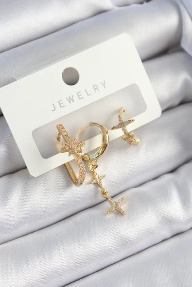 Pirinç Zirkon Taşlı Yıldız Model Gold Renk 3'lü Çift Kadın Küpe Set - TJ-BKP10837 ürün görseli 1